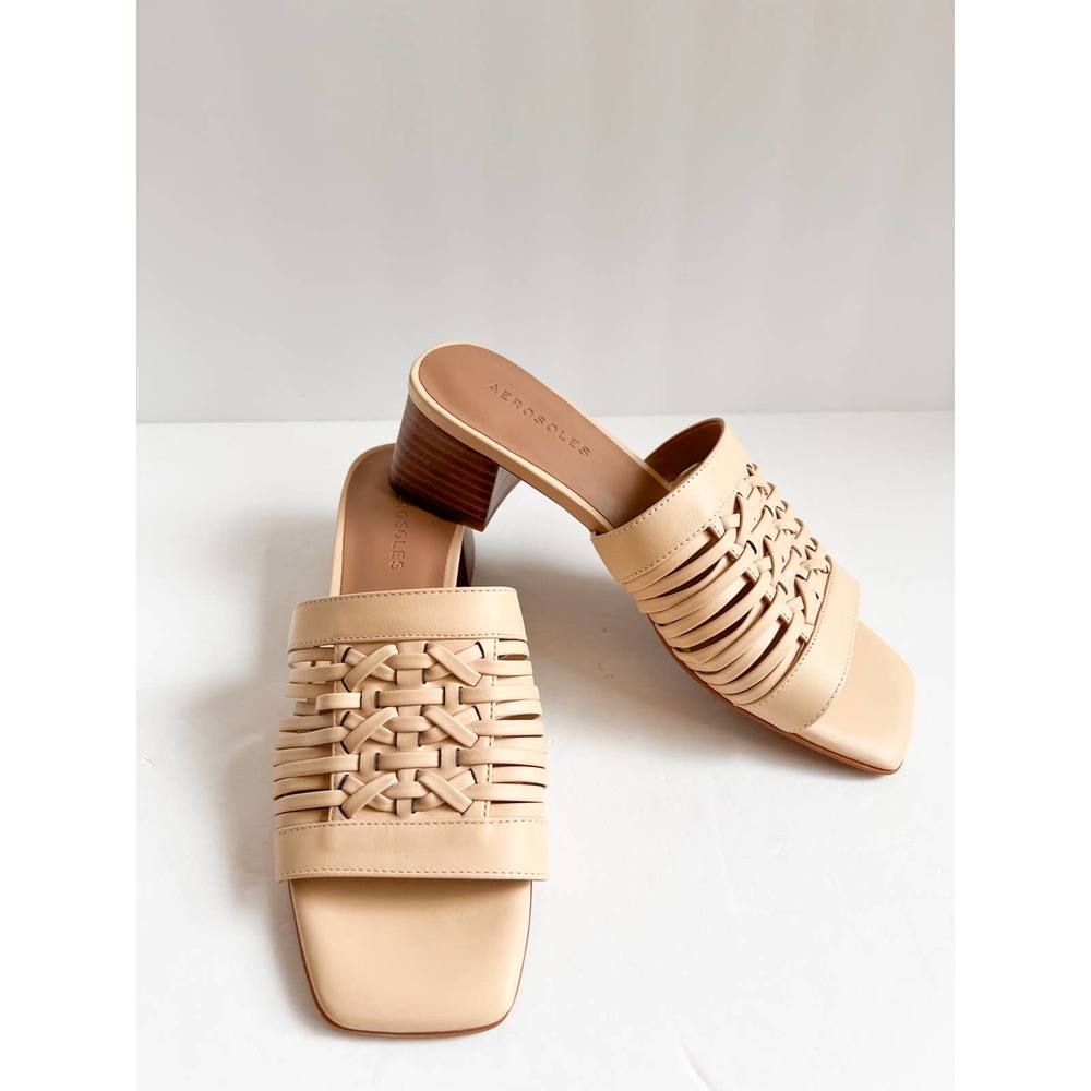 AEROSOLES Women's Tan Leather Square Toe Block Heel Evette Slide Sandals size 7